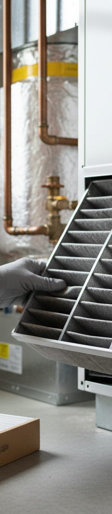Hand removing a dirty air filter from a heat pump's indoor air handler
