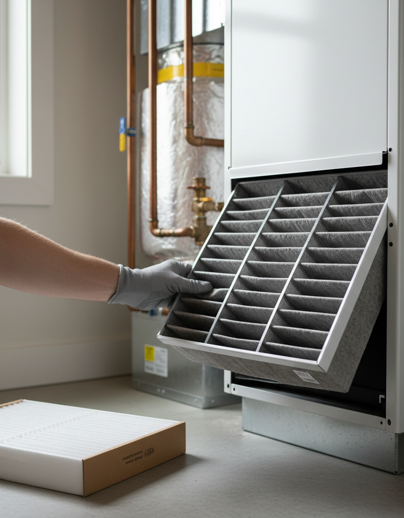 Hand removing a dirty air filter from a heat pump's indoor air handler