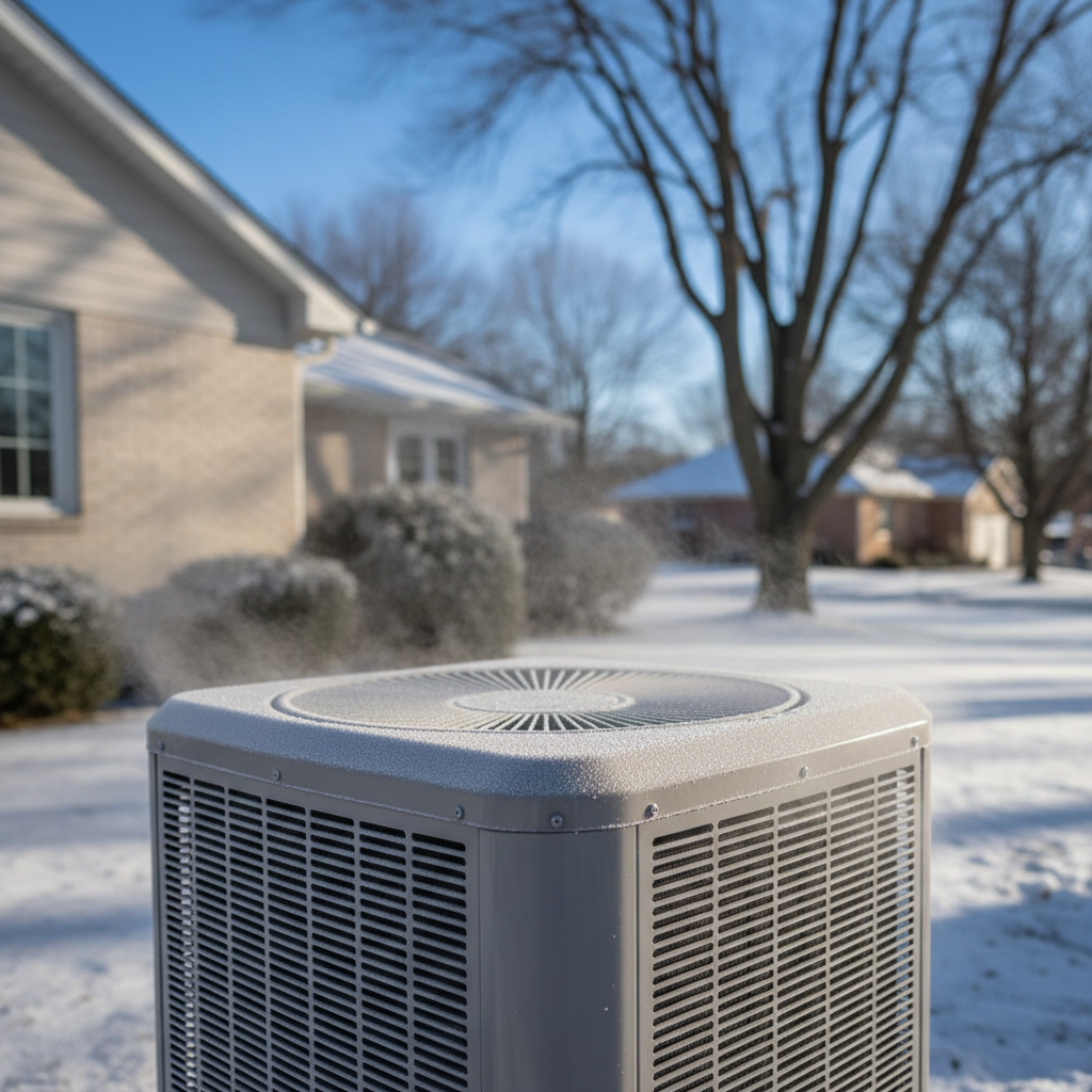 Outdoor heat pump unit with light frost, showing proper operation in cold weather.