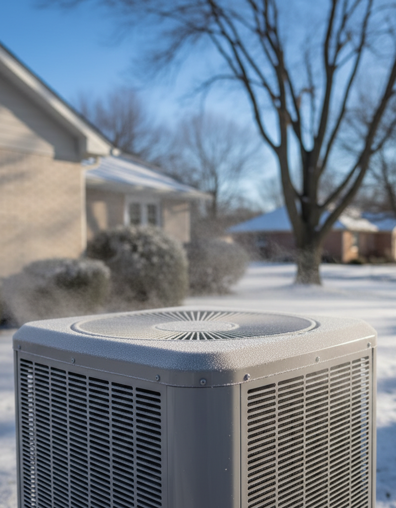 Outdoor heat pump unit with light frost, showing proper operation in cold weather.