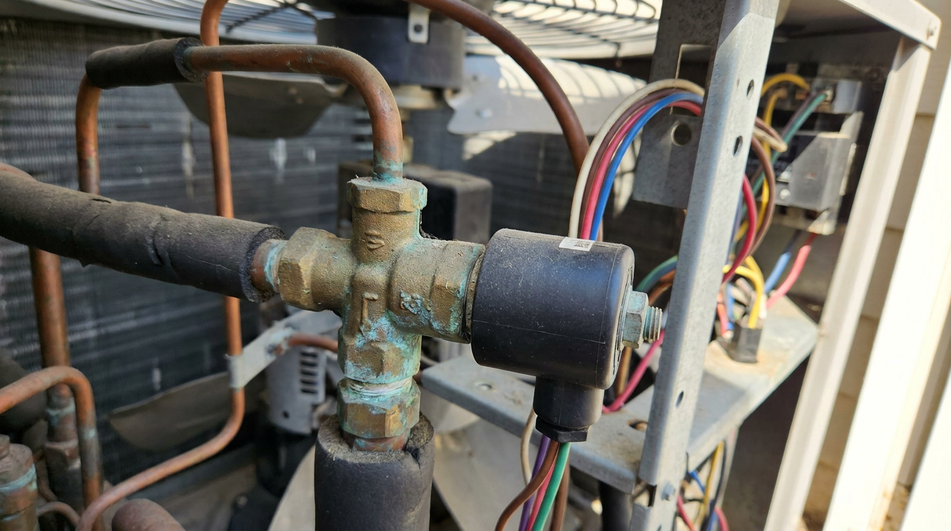 A close-up of a heat pump reversing valve, the part that switches the unit from heat to AC.