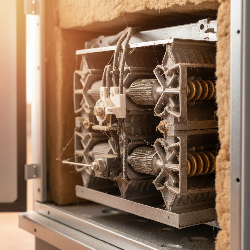 Dusty furnace heat exchanger before operation, emitting a burning smell when heat turns on