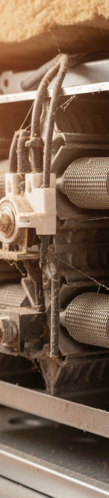 Dusty furnace heat exchanger before operation, emitting a burning smell when heat turns on