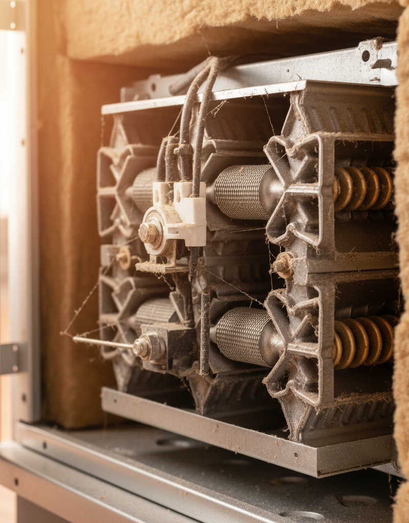 Dusty furnace heat exchanger before operation, emitting a burning smell when heat turns on