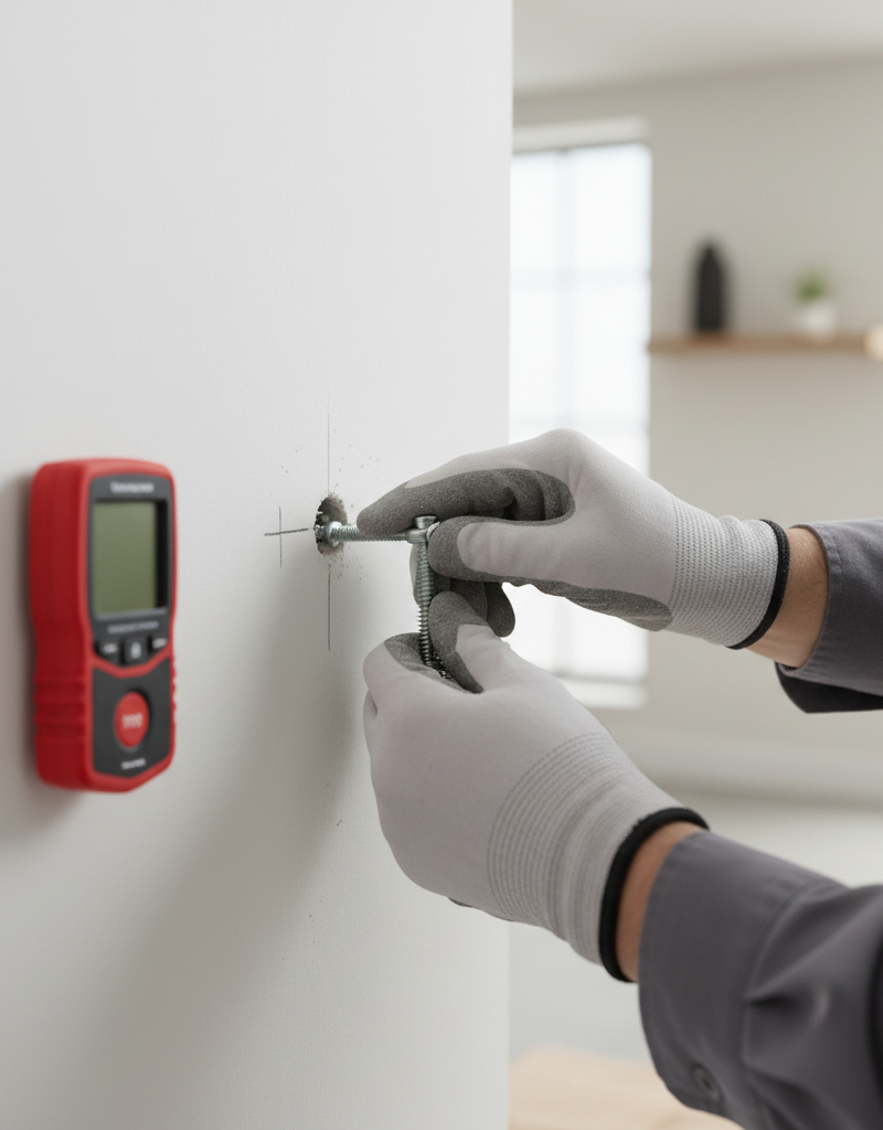 Close-up of a toggle bolt being installed in drywall for a heavy mirror
