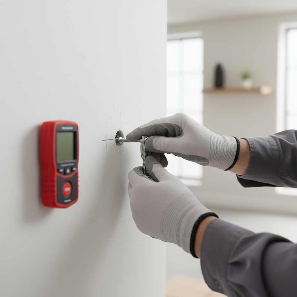 Close-up of a toggle bolt being installed in drywall for a heavy mirror