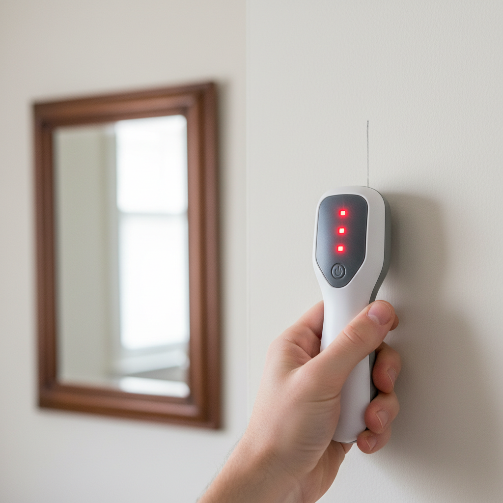 Homeowner locating wall studs with a stud finder before hanging a heavy mirror on drywall.