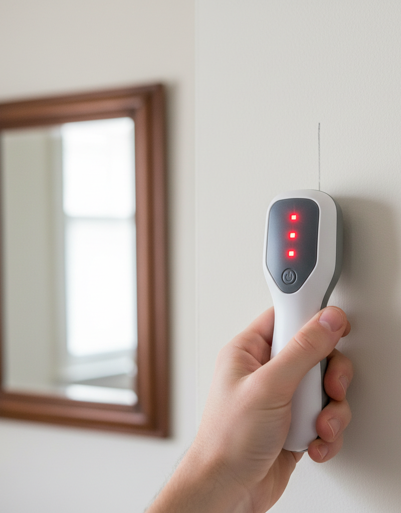 Homeowner locating wall studs with a stud finder before hanging a heavy mirror on drywall.