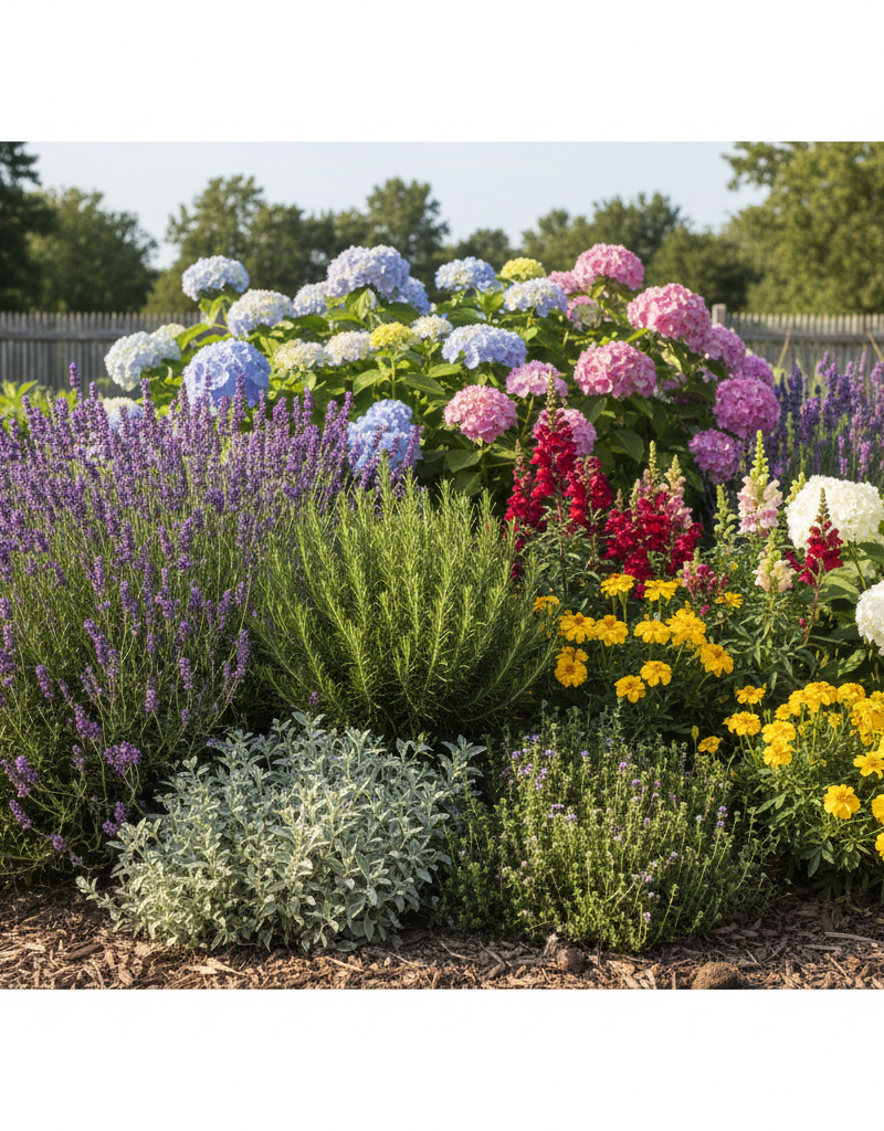 Vibrant garden bed with lavender, rosemary, and thyme plants integrated amongst colorful flowers.