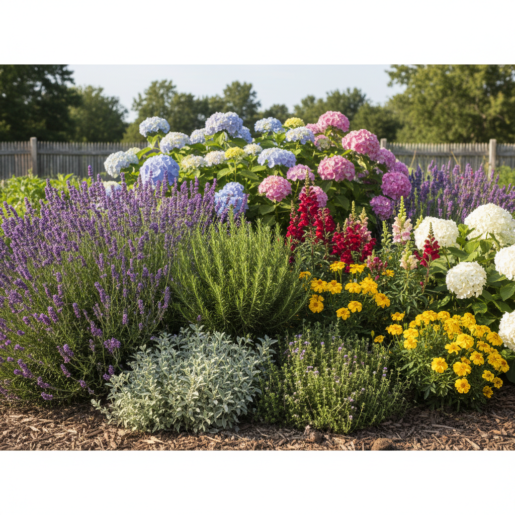 Vibrant garden bed with lavender, rosemary, and thyme plants integrated amongst colorful flowers.