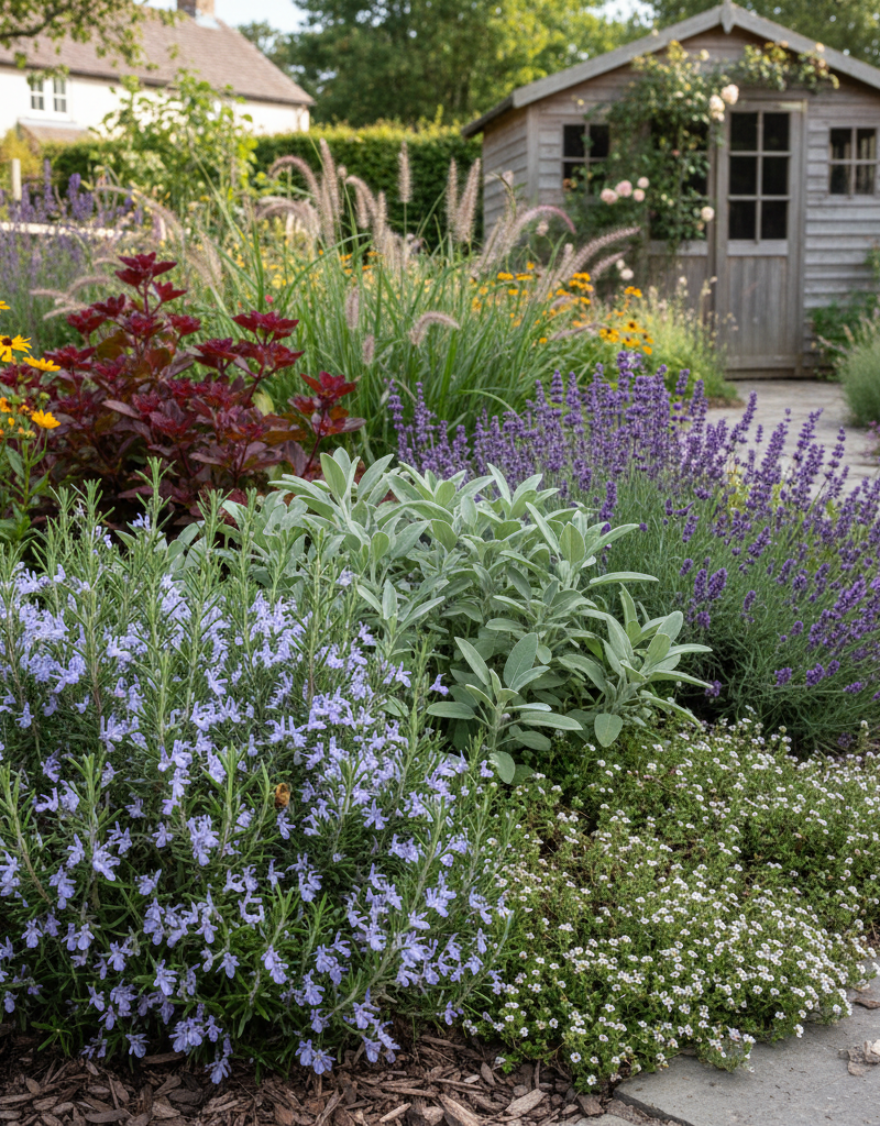 A vibrant home garden showcasing rosemary, lavender, thyme, and sage used as landscape plants.