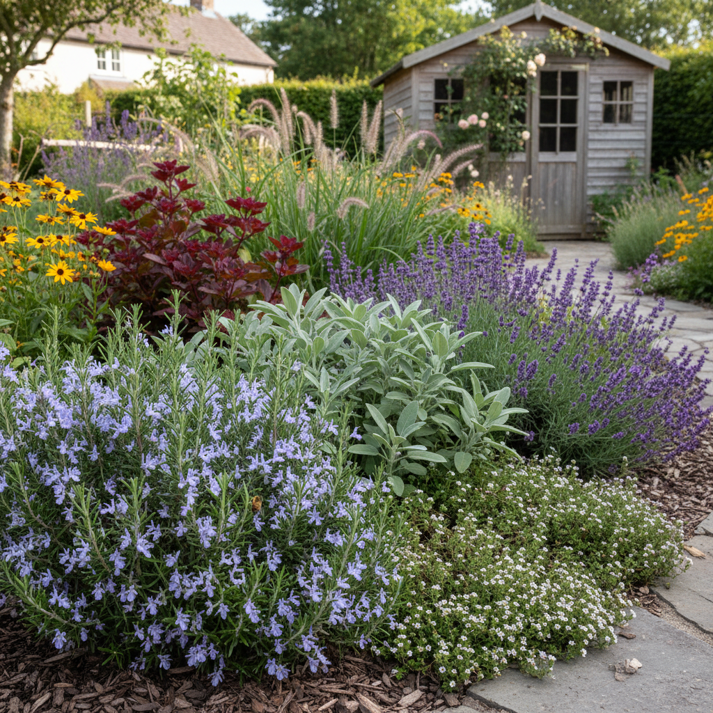 A vibrant home garden showcasing rosemary, lavender, thyme, and sage used as landscape plants.