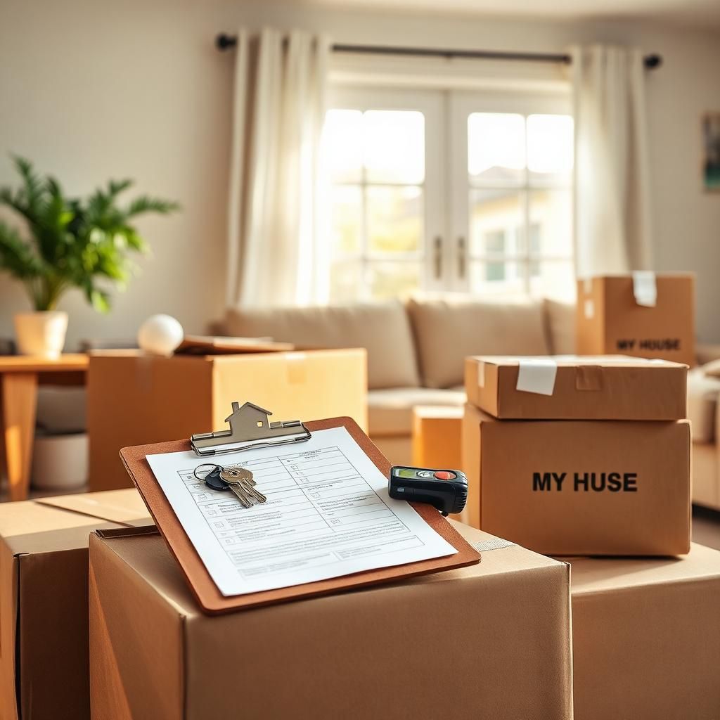 Moving boxes in a new living room with a clipboard checklist, house keys and tape measure — a new homeowner first-30-days checklist