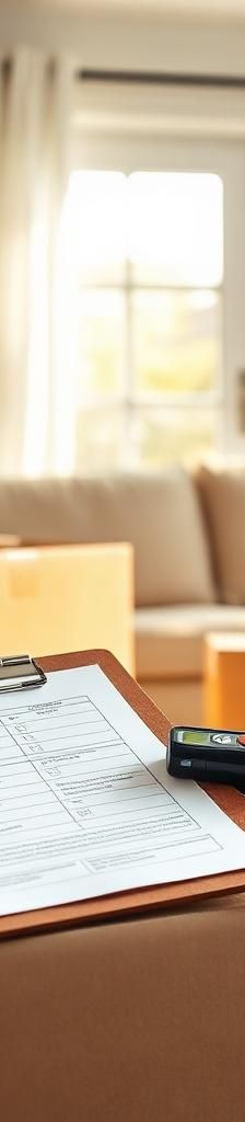 Moving boxes in a new living room with a clipboard checklist, house keys and tape measure — a new homeowner first-30-days checklist