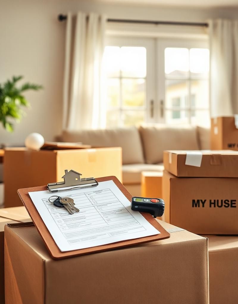 Moving boxes in a new living room with a clipboard checklist, house keys and tape measure — a new homeowner first-30-days checklist