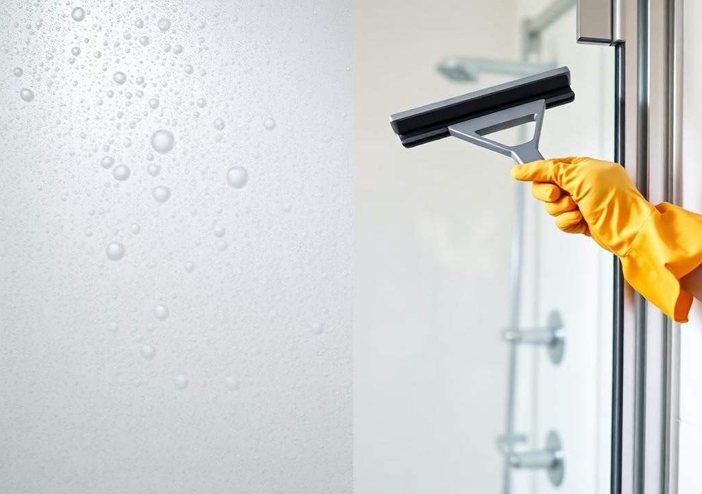Glass shower door with cloudy hard water stains being squeegeed clean