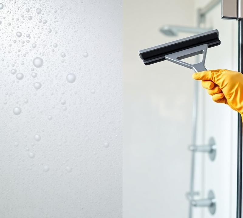 Glass shower door with cloudy hard water stains being squeegeed clean