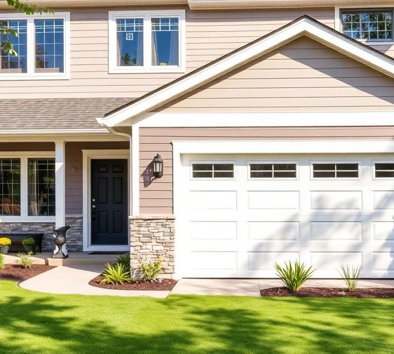 Renovated suburban home exterior with new garage door and fresh siding
