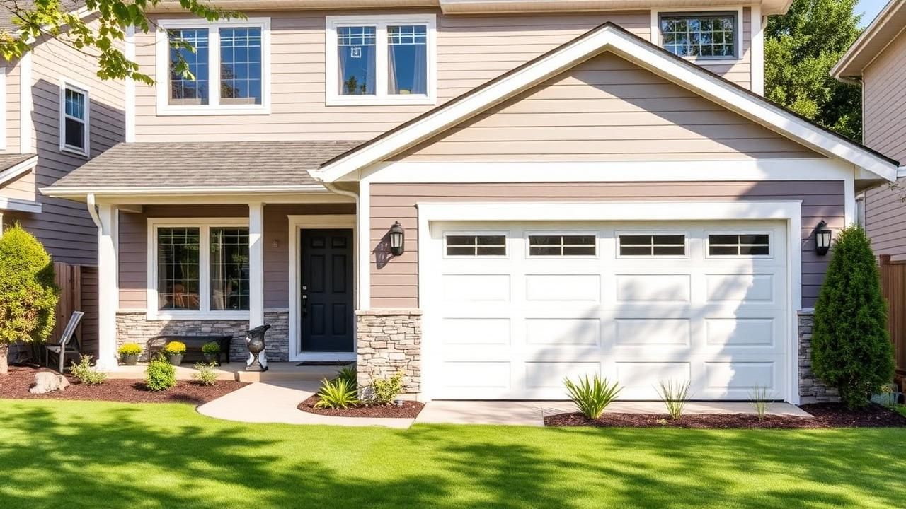 Renovated suburban home exterior with new garage door and fresh siding