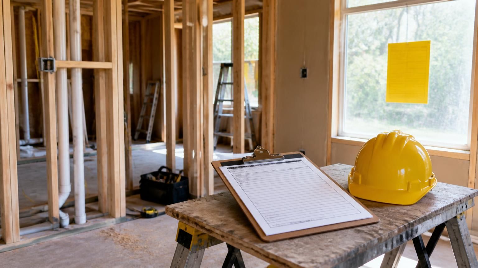 Unfinished home remodel with open stud framing, exposed wiring and plumbing, a blank building permit form on a clipboard and a yellow hard hat on a sawhorse table
