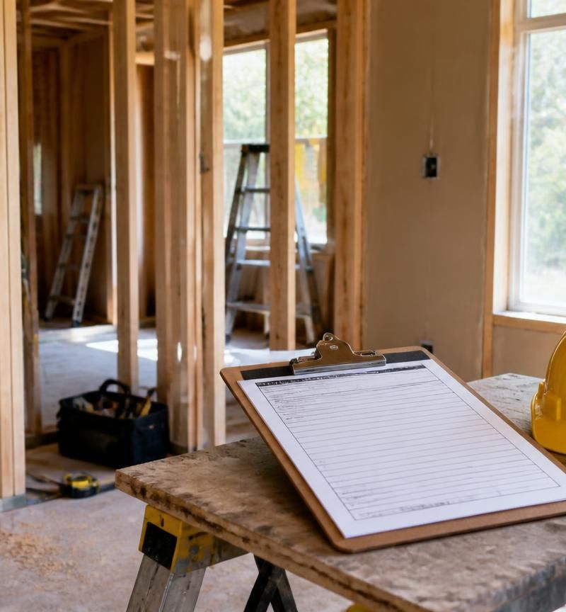 Unfinished home remodel with open stud framing, exposed wiring and plumbing, a blank building permit form on a clipboard and a yellow hard hat on a sawhorse table