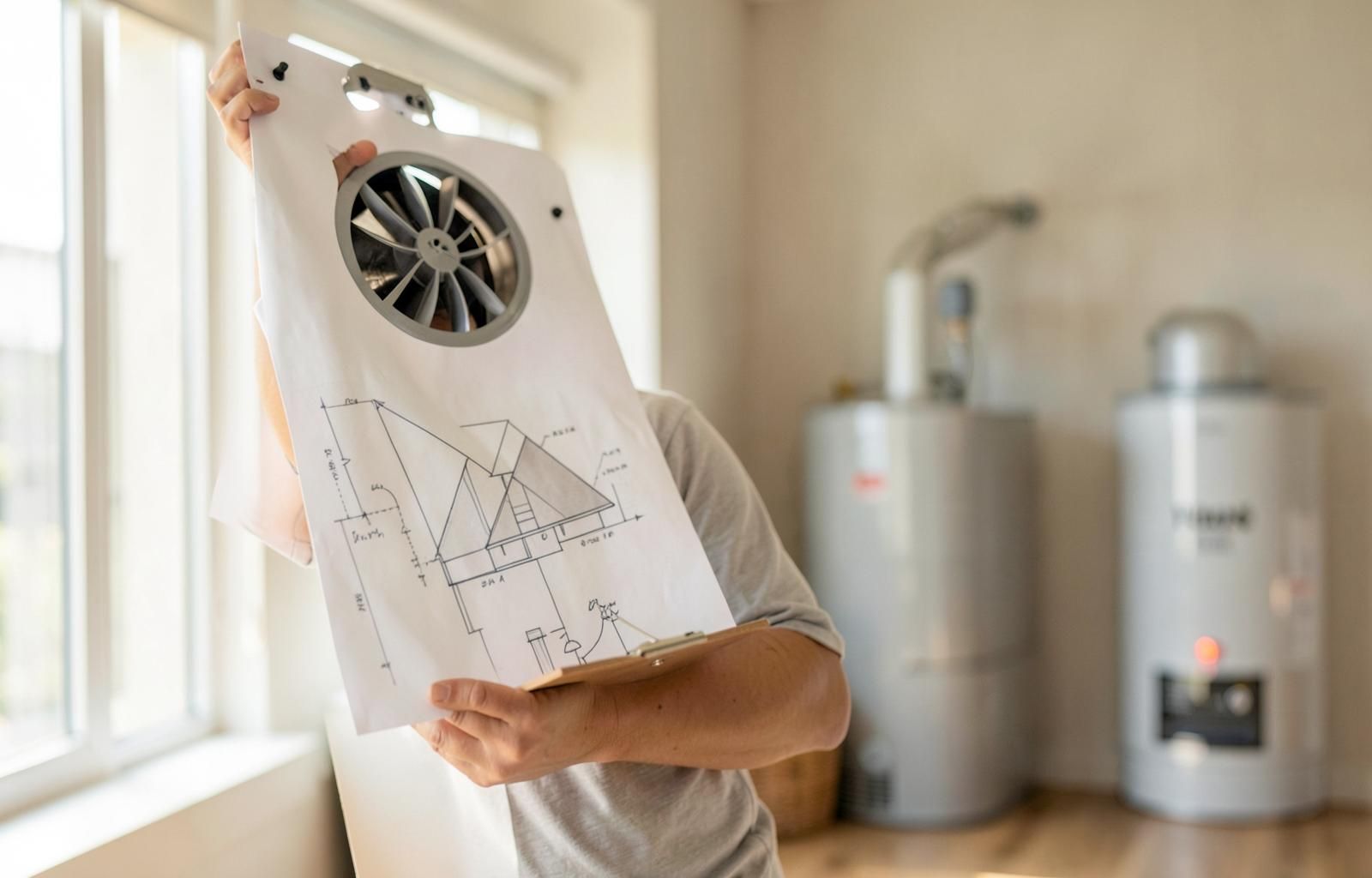 Homeowner reviewing repair and replacement plans for HVAC, roof, and water heater systems in a bright modern home