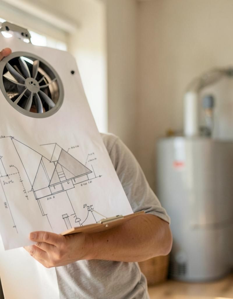 Homeowner reviewing repair and replacement plans for HVAC, roof, and water heater systems in a bright modern home
