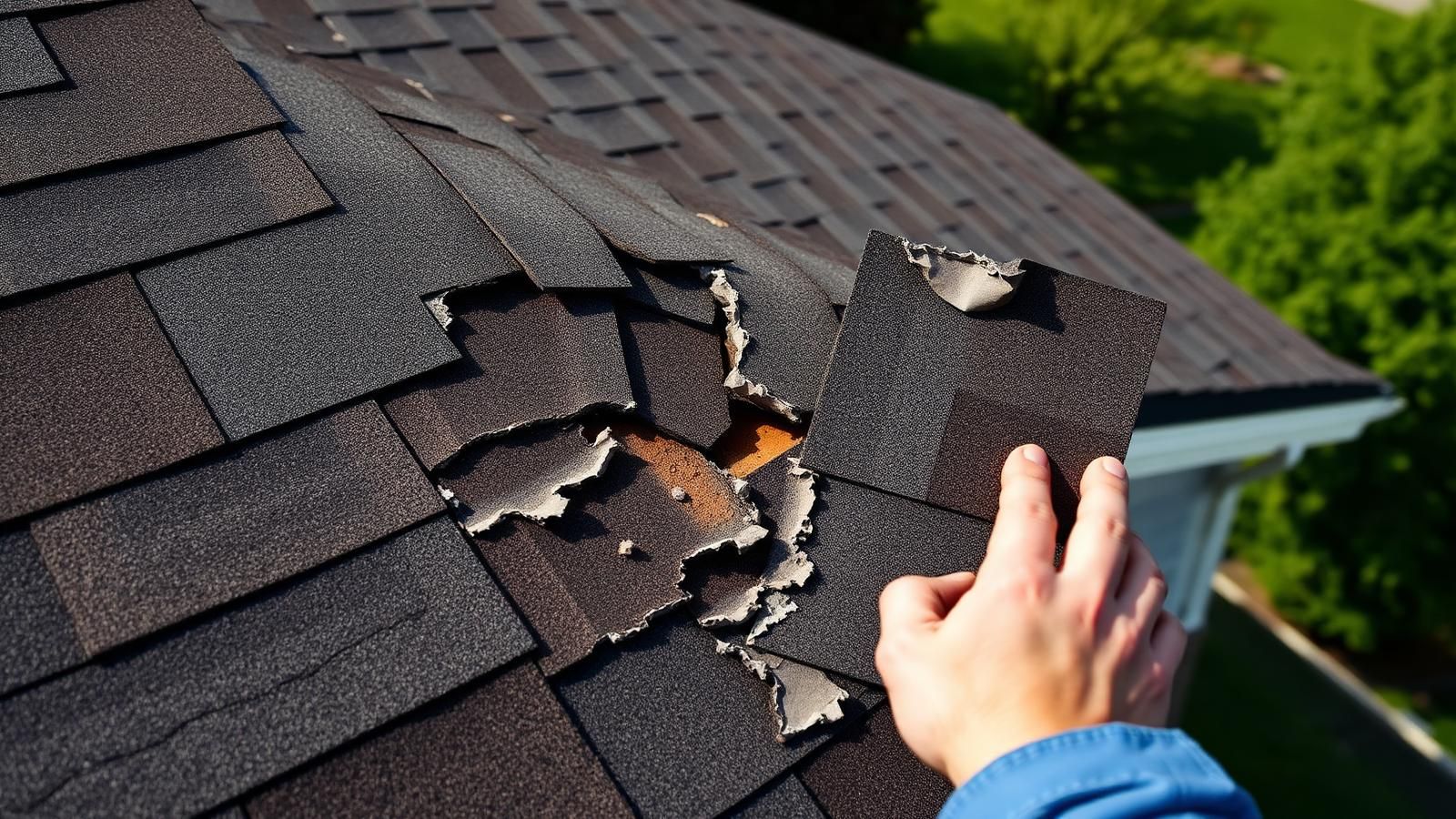 Homeowner lifting a curled asphalt shingle on a damaged residential roof