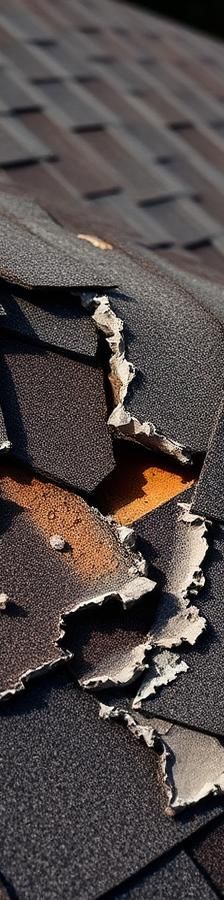 Homeowner lifting a curled asphalt shingle on a damaged residential roof