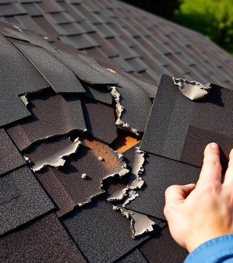 Homeowner lifting a curled asphalt shingle on a damaged residential roof