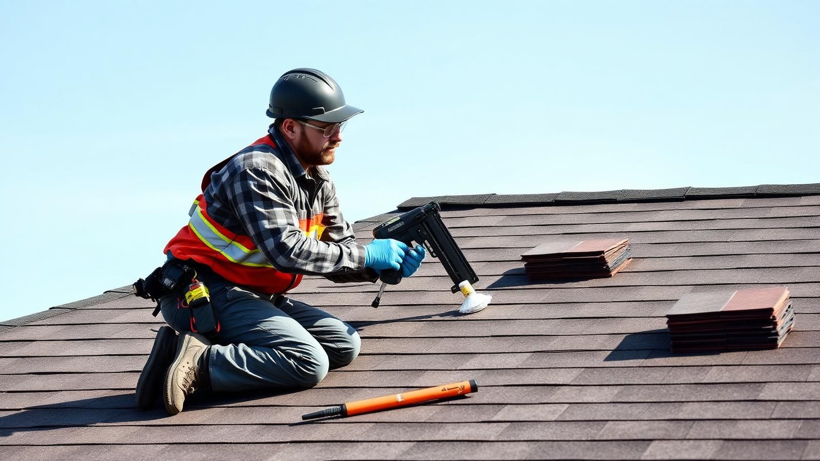 Roofing contractor repairing shingles with a nail gun on a residential roof