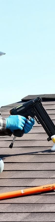 Roofing contractor repairing shingles with a nail gun on a residential roof