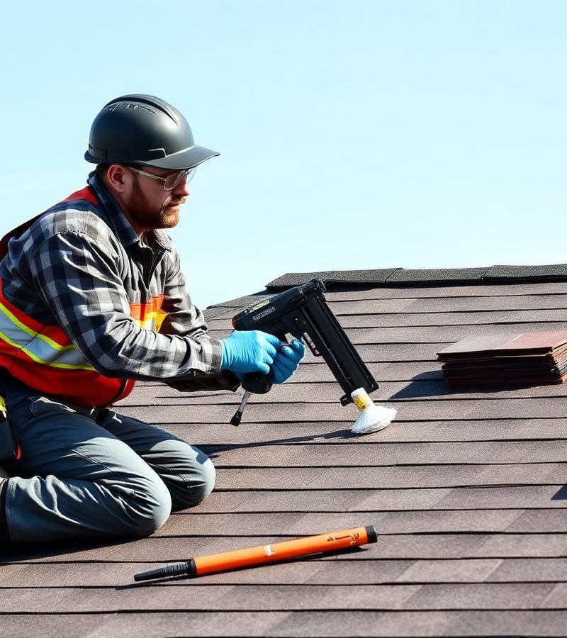 Roofing contractor repairing shingles with a nail gun on a residential roof