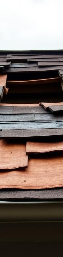 Storm-damaged roof with torn shingles and exposed underlayment