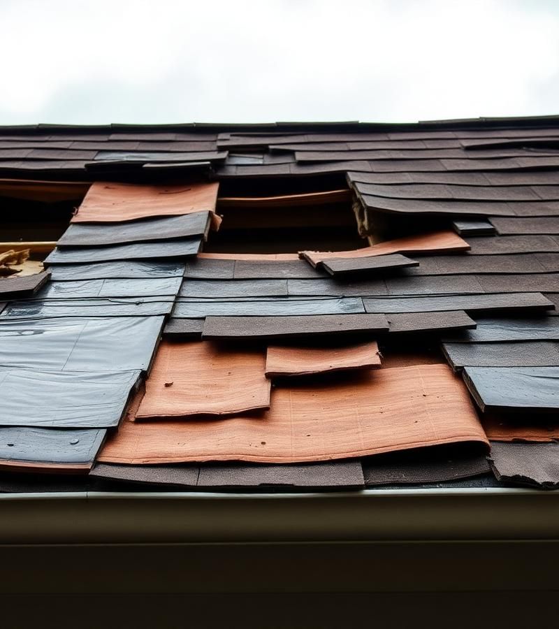 Storm-damaged roof with torn shingles and exposed underlayment