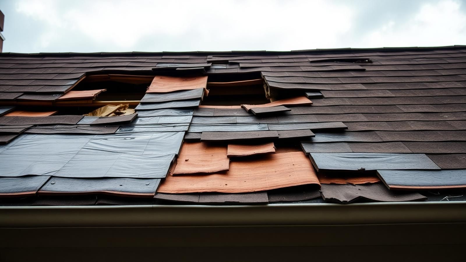 Storm-damaged roof with torn shingles and exposed underlayment