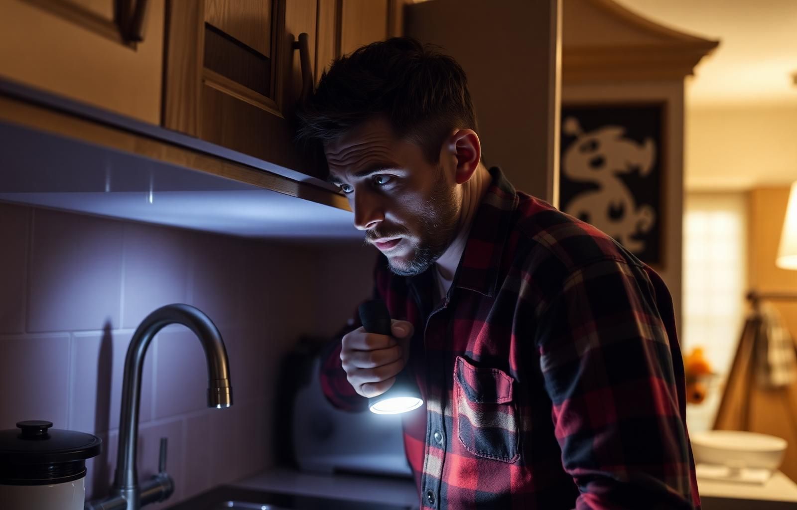 Homeowner inspecting under a kitchen sink with a flashlight, looking for signs of a leak