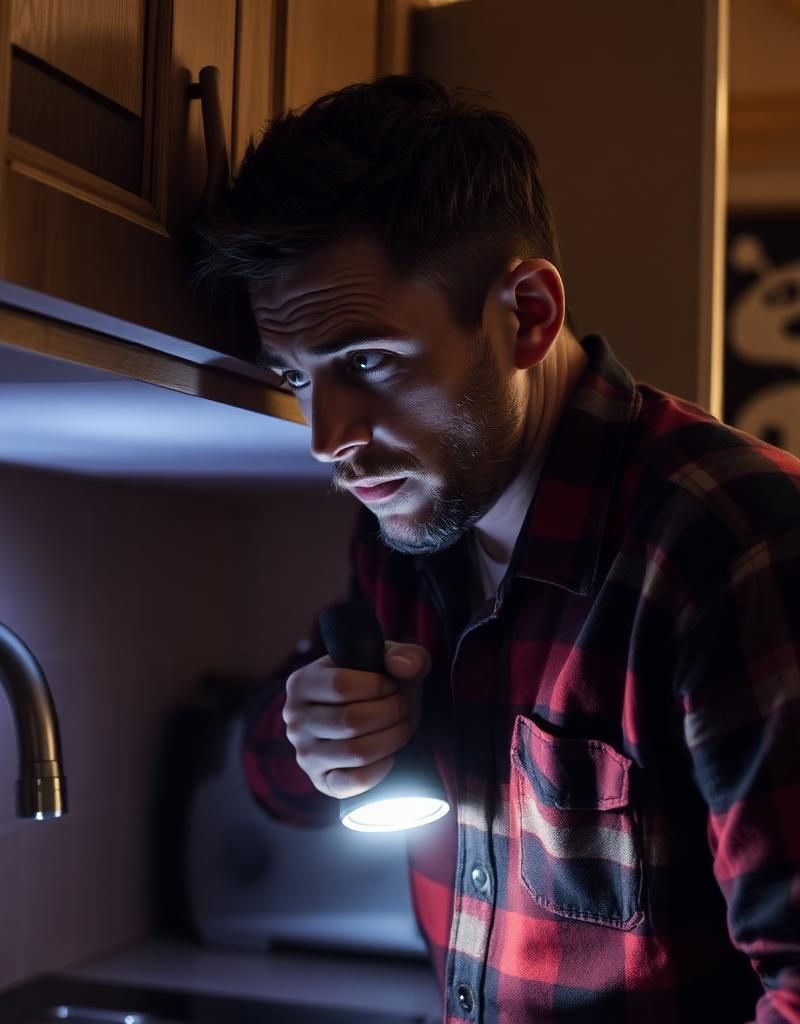 Homeowner inspecting under a kitchen sink with a flashlight, looking for signs of a leak