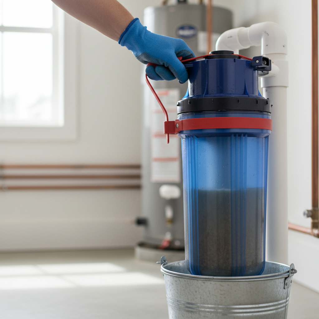 Homeowner removing a clogged whole-house water filter housing with a wrench.