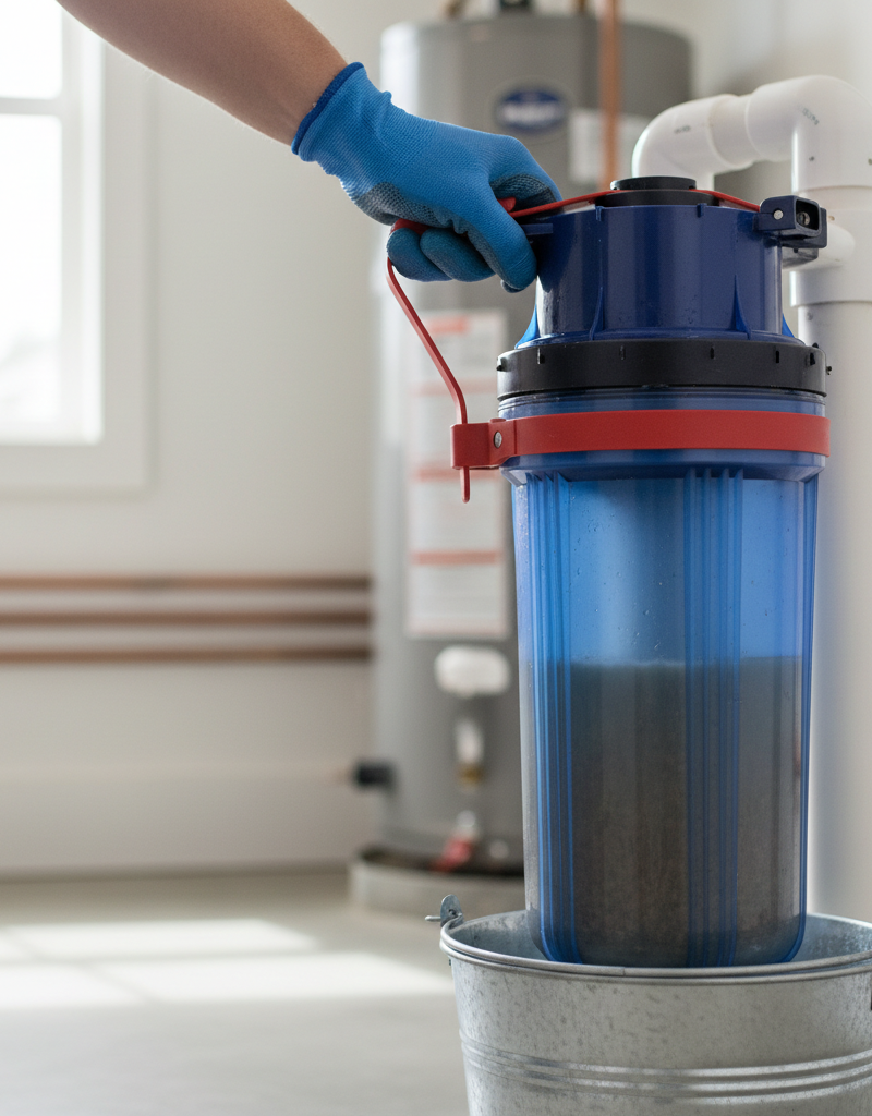 Homeowner removing a clogged whole-house water filter housing with a wrench.