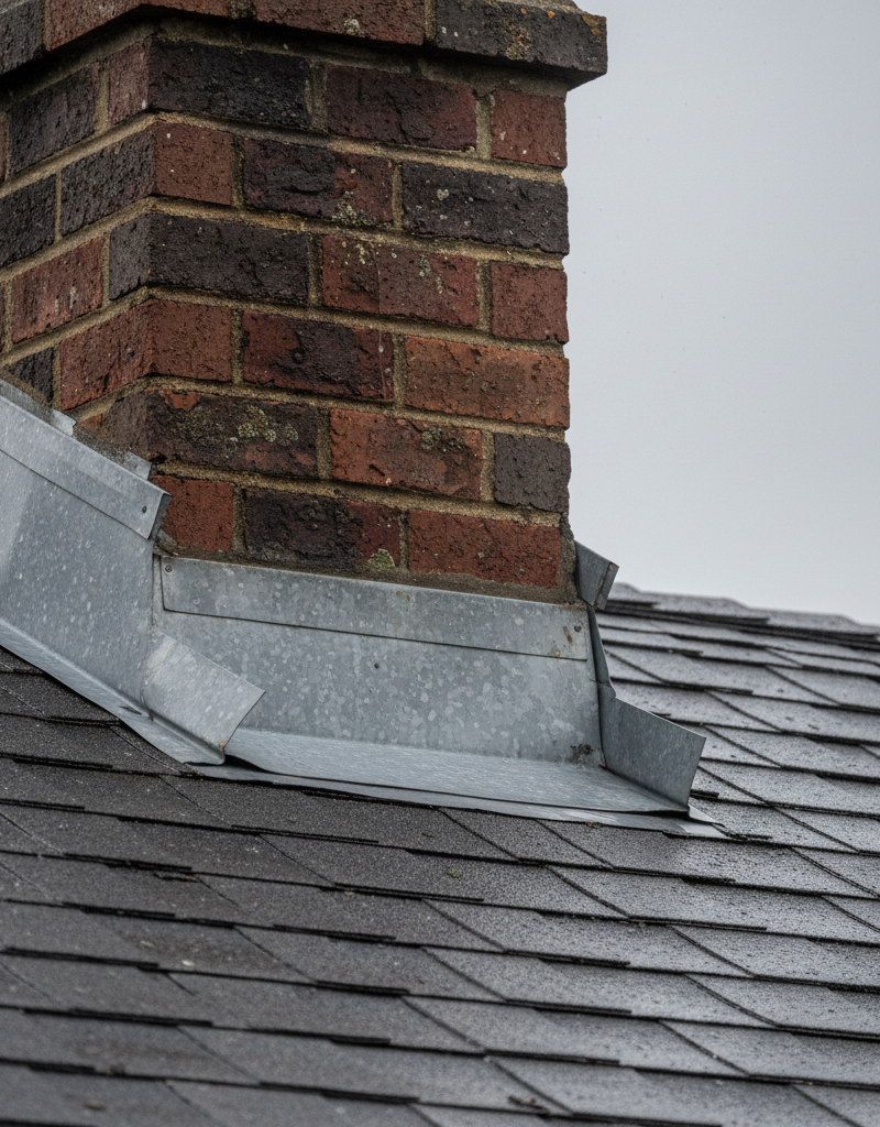 Close-up of storm-damaged metal flashing lifted from a brick chimney on a shingled roof, revealing a small gap.