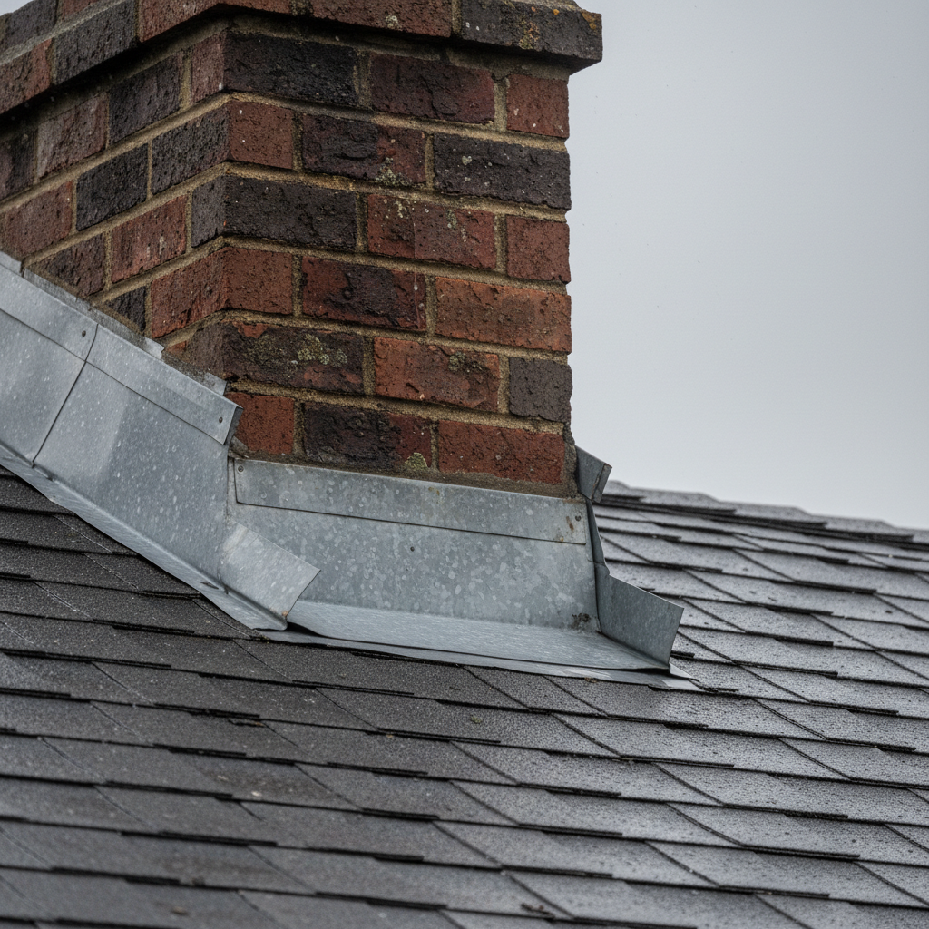 Close-up of storm-damaged metal flashing lifted from a brick chimney on a shingled roof, revealing a small gap.