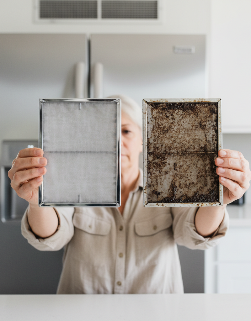 Homeowner comparing a clean range hood filter with a dirty, greasy one, highlighting the importance of regular filter maintenance.