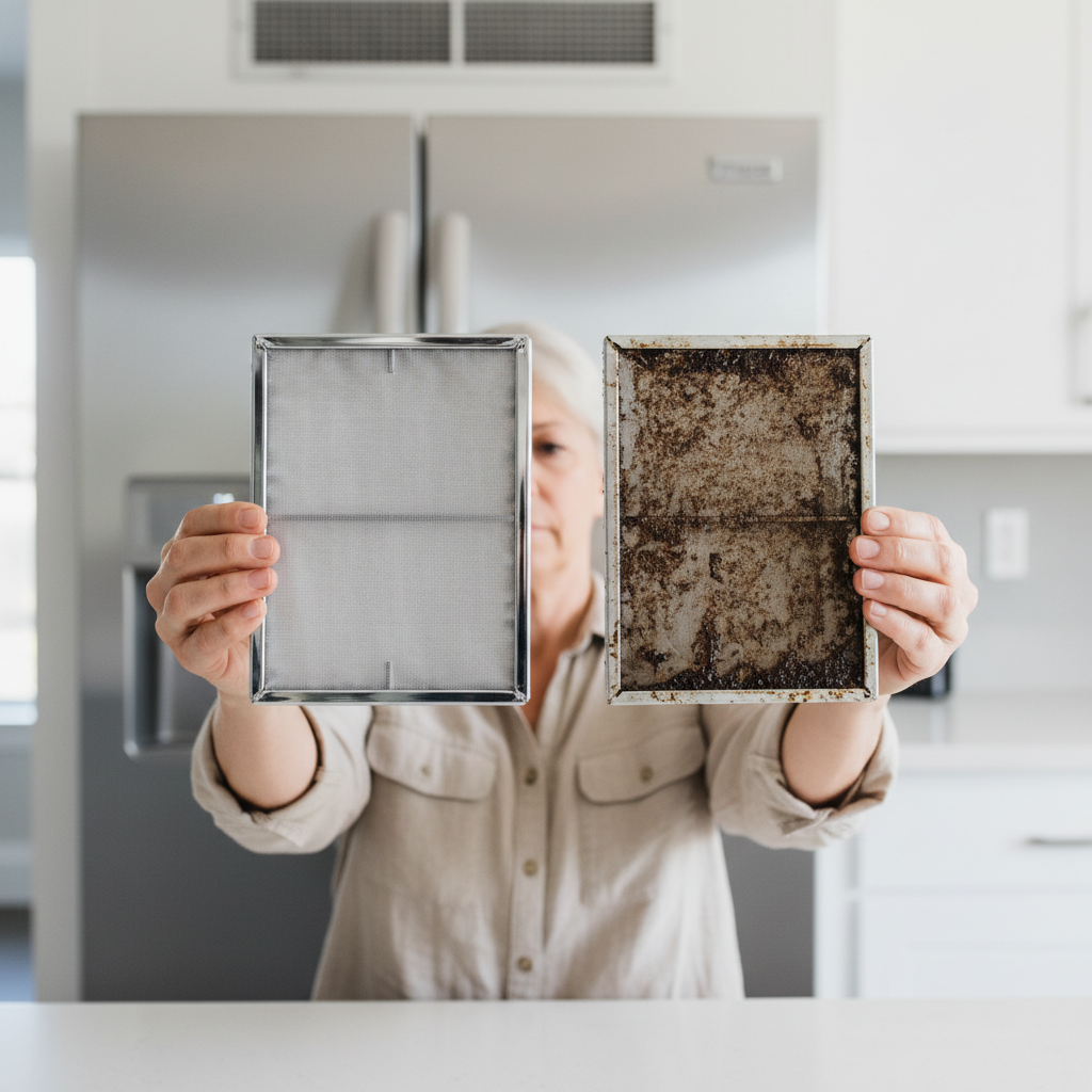 Homeowner comparing a clean range hood filter with a dirty, greasy one, highlighting the importance of regular filter maintenance.