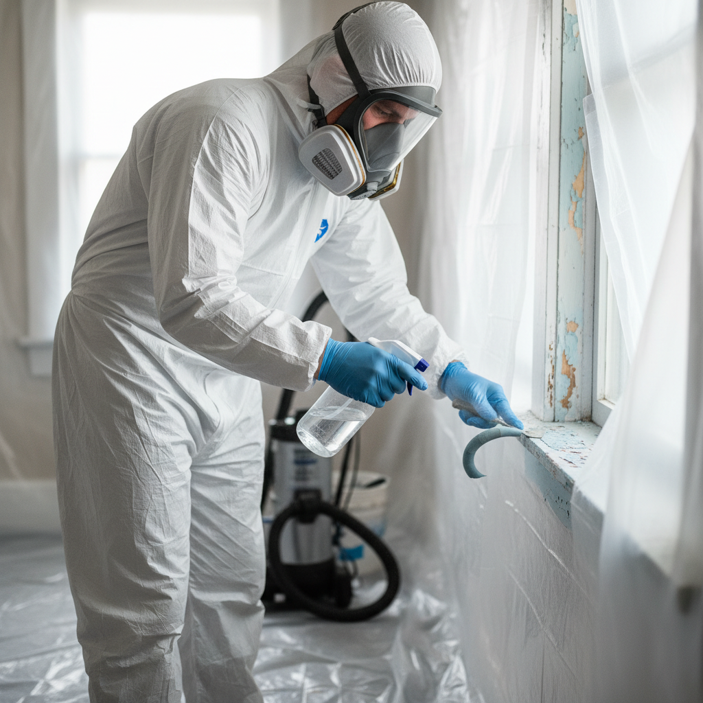 Homeowner in PPE carefully removing lead paint from a window sill.