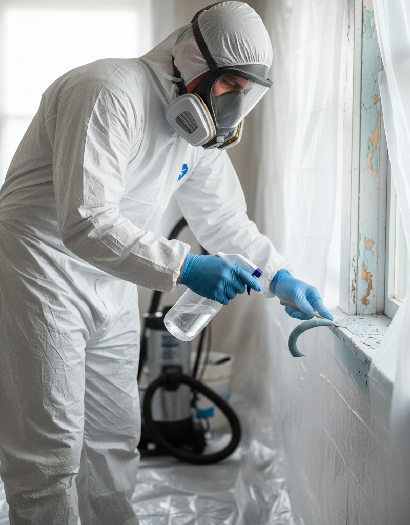 Homeowner in PPE carefully removing lead paint from a window sill.
