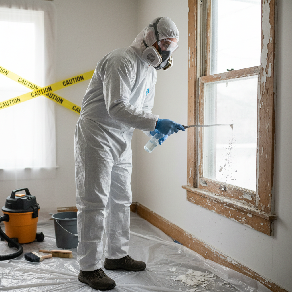 Homeowner in respirator and coveralls carefully scraping lead paint from a window frame, surrounded by plastic containment.