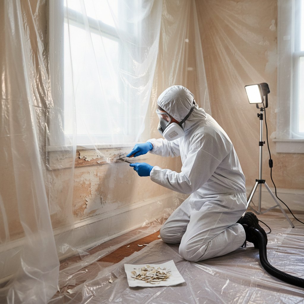 Homeowner safely scraping lead paint from a window sill with protective gear