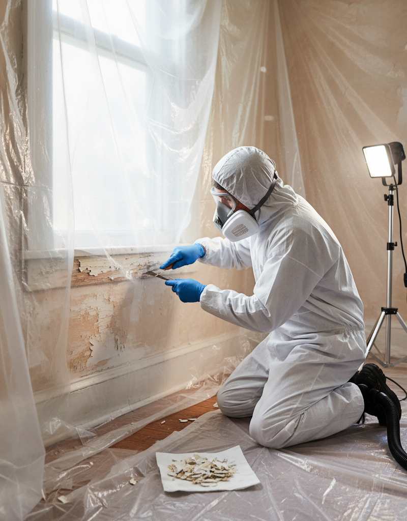 Homeowner safely scraping lead paint from a window sill with protective gear