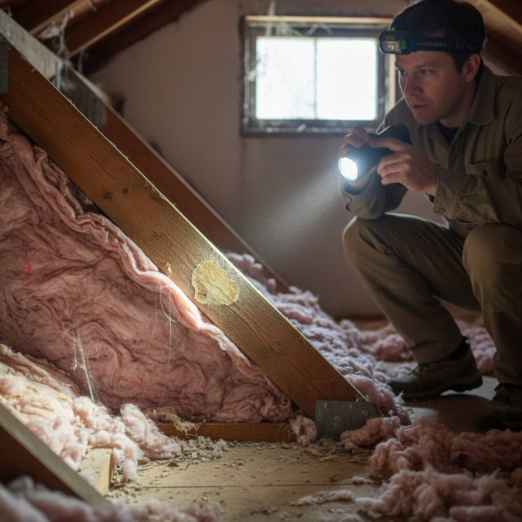 Homeowner in attic inspecting a subtle water stain on a roof rafter with a flashlight, looking for early leak signs.
